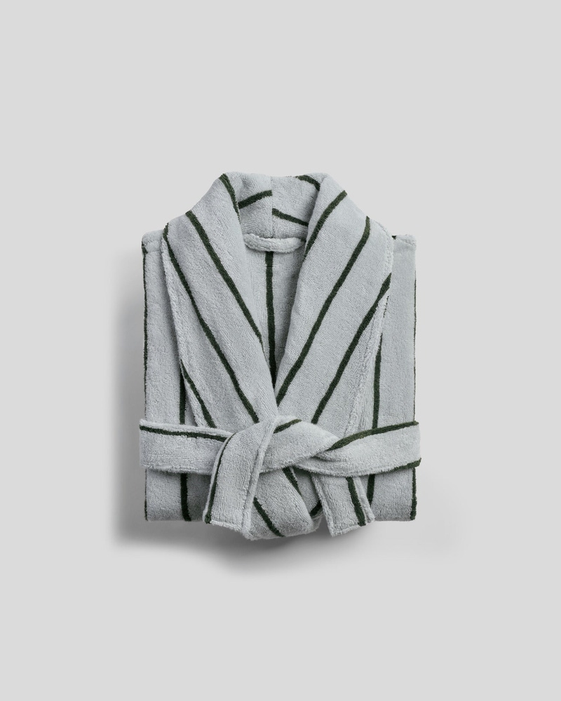 Turkish Cotton Stripe Robe, Sky with Evergreen