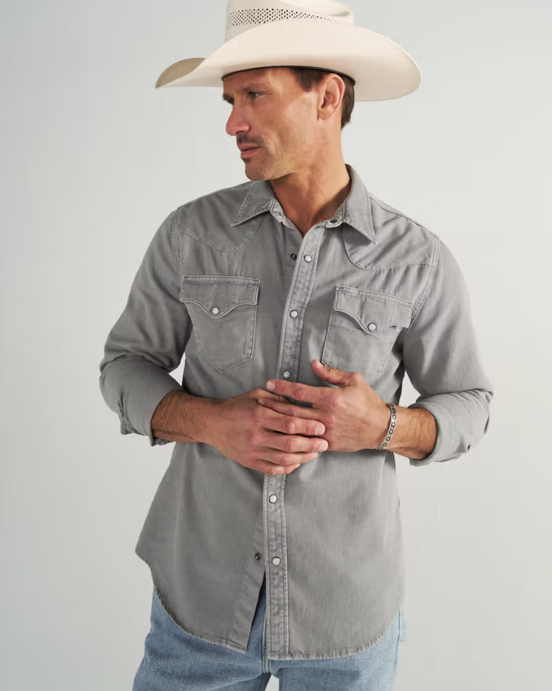Men's Denim Long Sleeve Pearl Snap Shirt, Light Gray