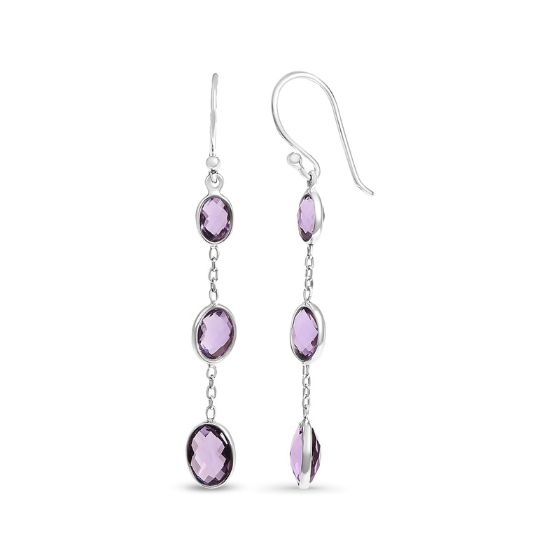 Sterling Silver Checkerboard Cut Oval Purple Amethyst Drop and Dangle Earrings