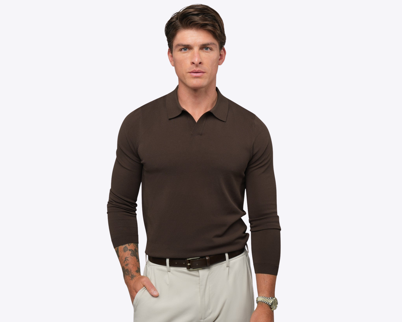 Men's Riviera Knit Long Sleeve Polo, Burnt Oak