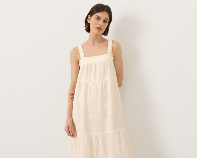 Women's Organic Coastal Double Gauze Strappy Tiered Maxi Dress, Cream