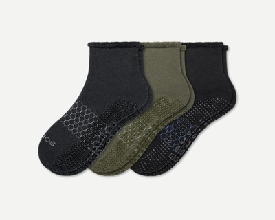 Men's Merino Wool Blend Roll-Top Gripper House Socks 3-Pack