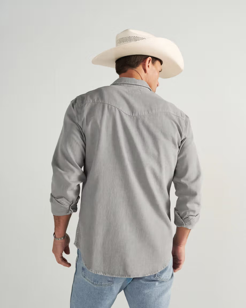 Men's Denim Long Sleeve Pearl Snap Shirt, Light Gray