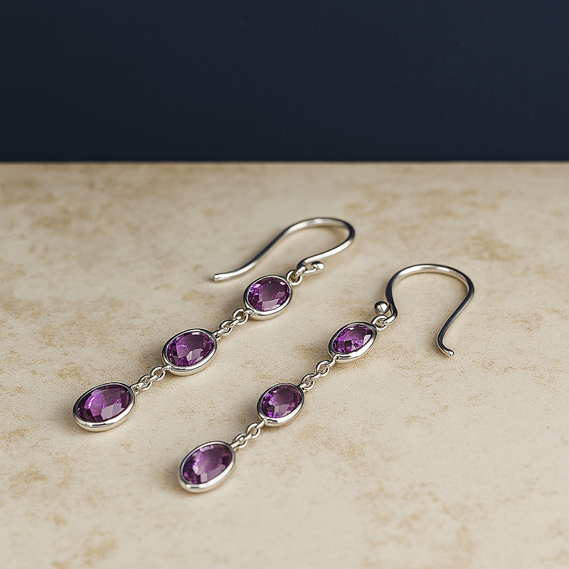 Sterling Silver Checkerboard Cut Oval Purple Amethyst Drop and Dangle Earrings