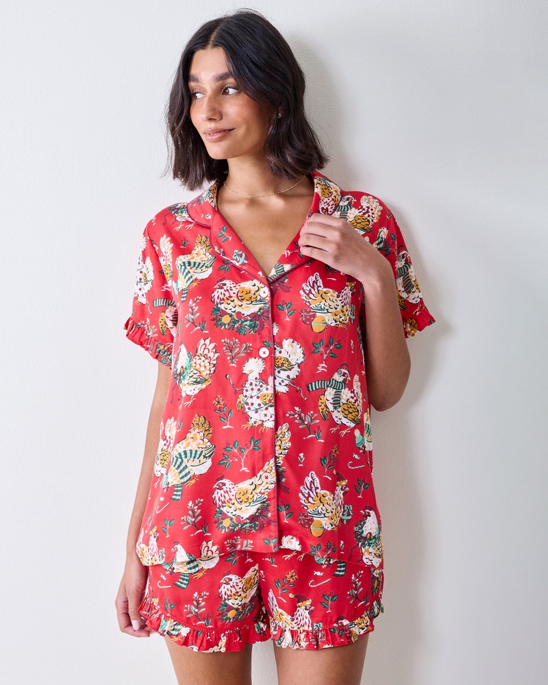Eco Satin Ruffle Short Set in Holiday Hens, Red Stocking