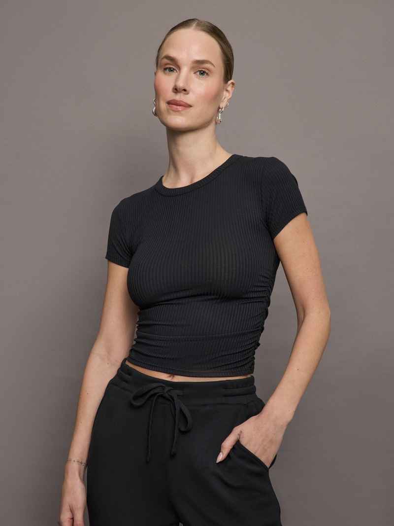 Cap Sleeve Ruched Top in Ribbed Jersey, Black