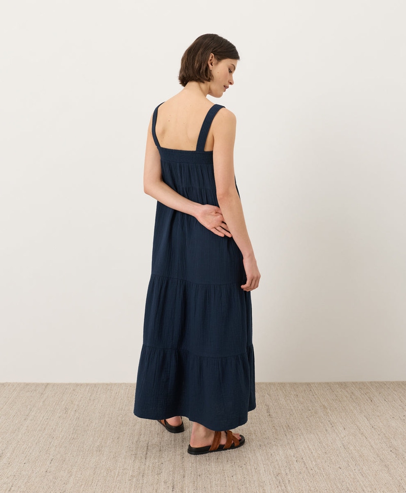 Women's Organic Coastal Double Gauze Strappy Tiered Maxi Dress, Navy
