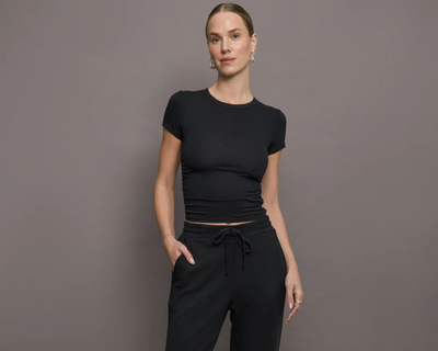 Cap Sleeve Ruched Top in Ribbed Jersey, Black