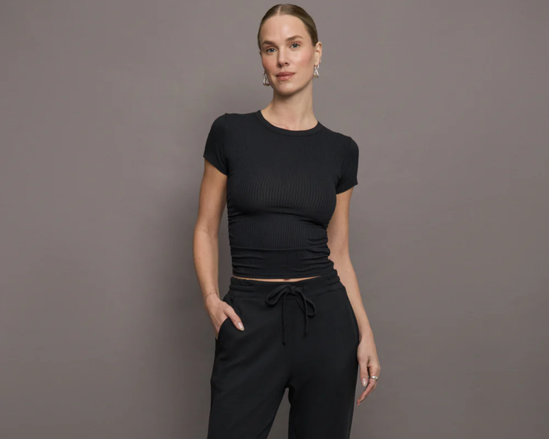 Cap Sleeve Ruched Top in Ribbed Jersey, Black
