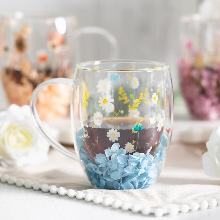 Double Wall Flower Mugs, Set of 4