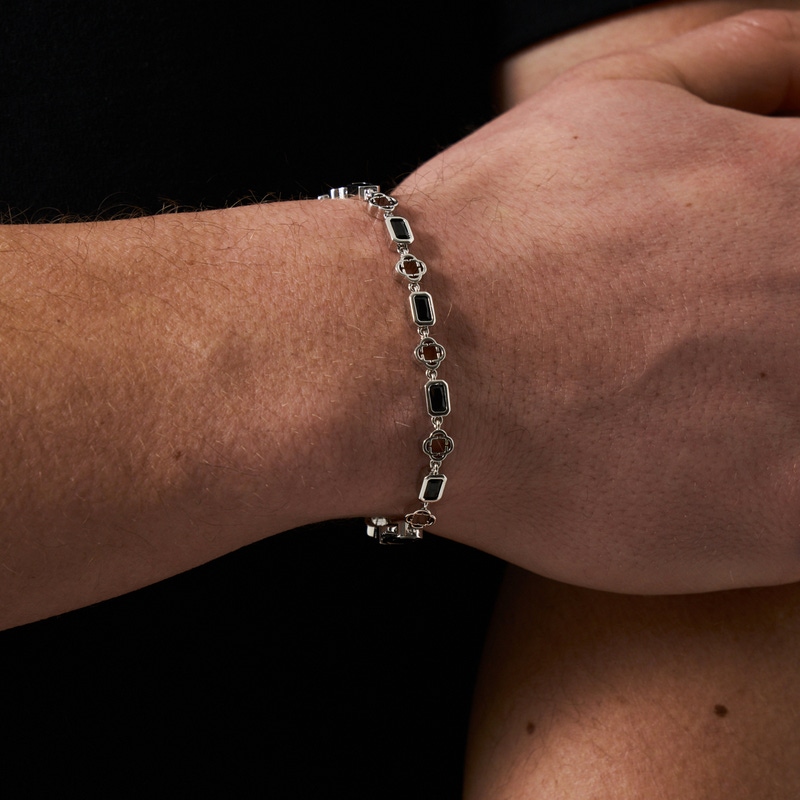 Silver Onyx Gemstone Clover Bracelet