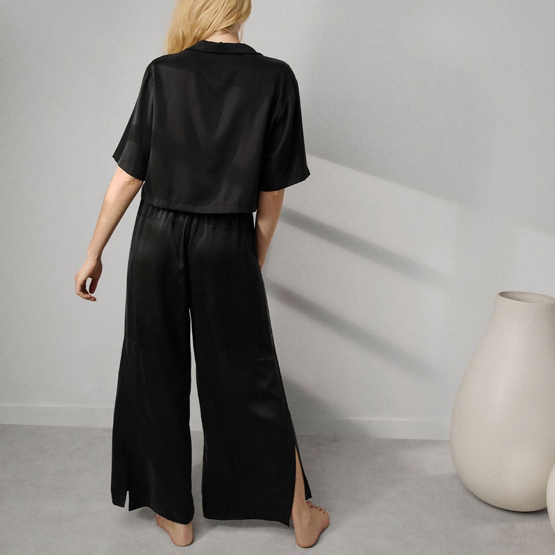Washable Silk High Rise Pant Set, Immersed Black