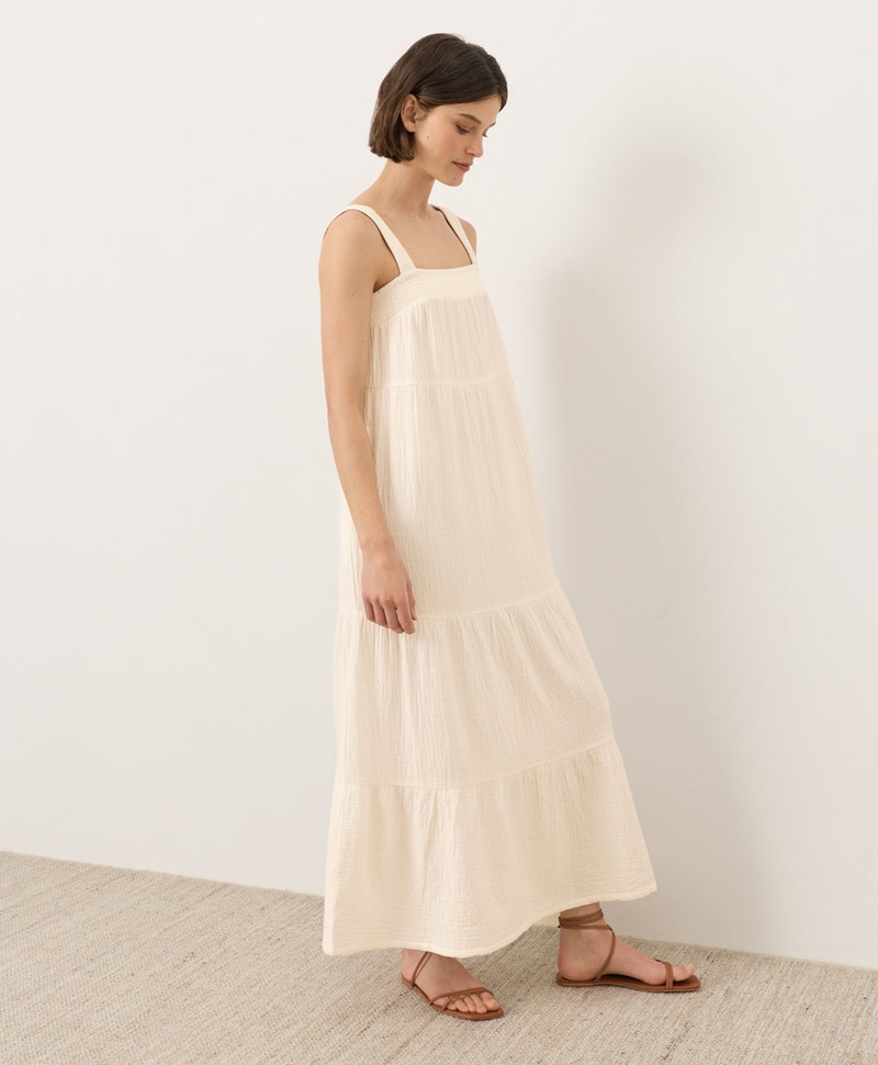 Women's Organic Coastal Double Gauze Strappy Tiered Maxi Dress, Cream