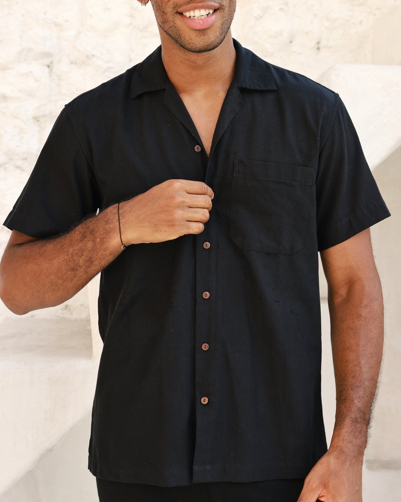 The Mykonos Black Linen Camp Collar Shirt