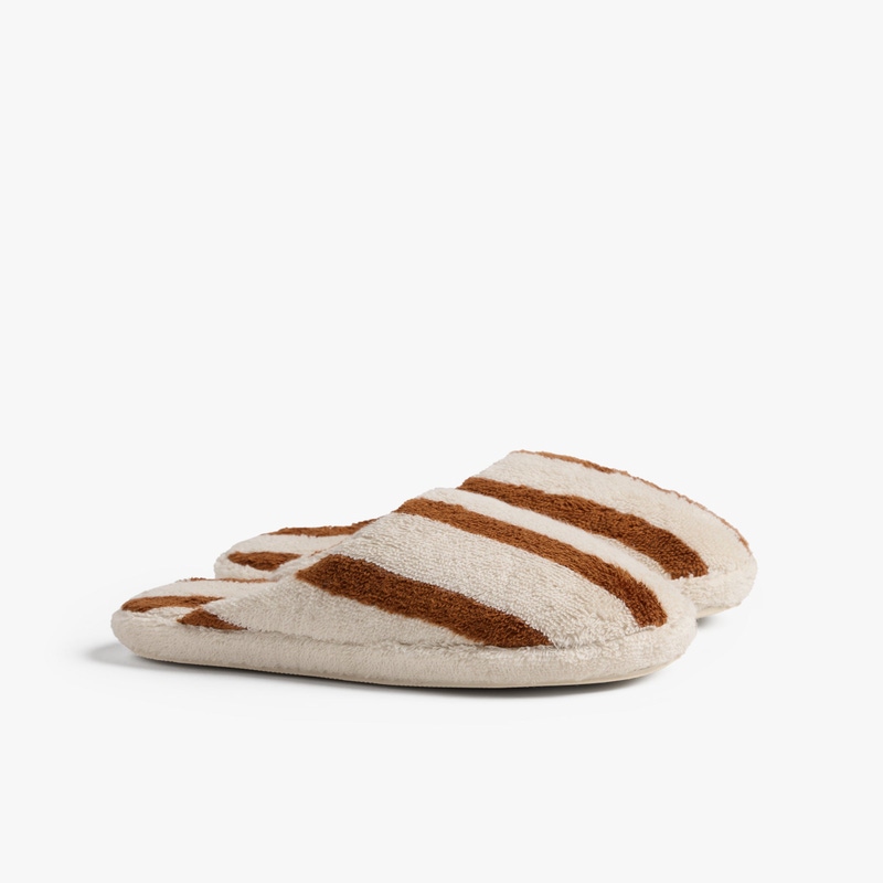 Terry Stripe Slippers, Bone and Tobacco