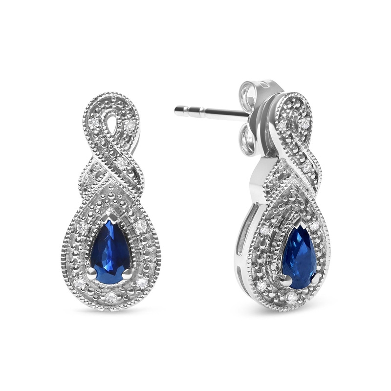 925 Sterling Silver Pear Sapphire Gemstone & Diamond Accent Infinity Drop Stud Earrings