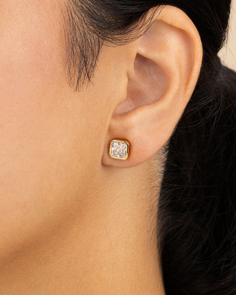 Sterling Silver Radiant Cut Bezel Set Stud Earrings