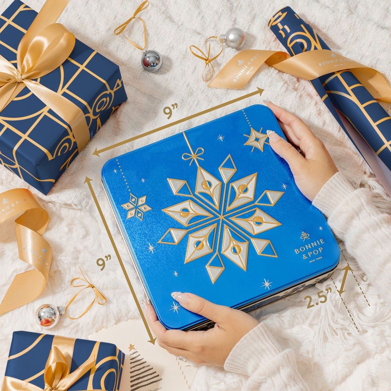 Blue Snowflake Holiday Tin with Gourmet Chocolates, Nuts & Cookies