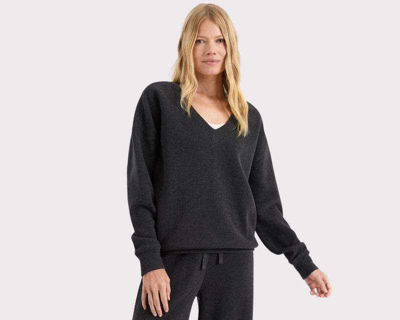 Women's Organic Luxe Waffle V-Neck Top, Dark Charcoal Heather