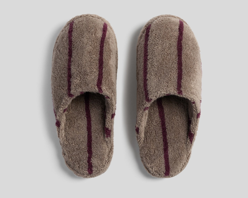 Turkish Cotton Stripe Slippers, Warm Grey with Garnet