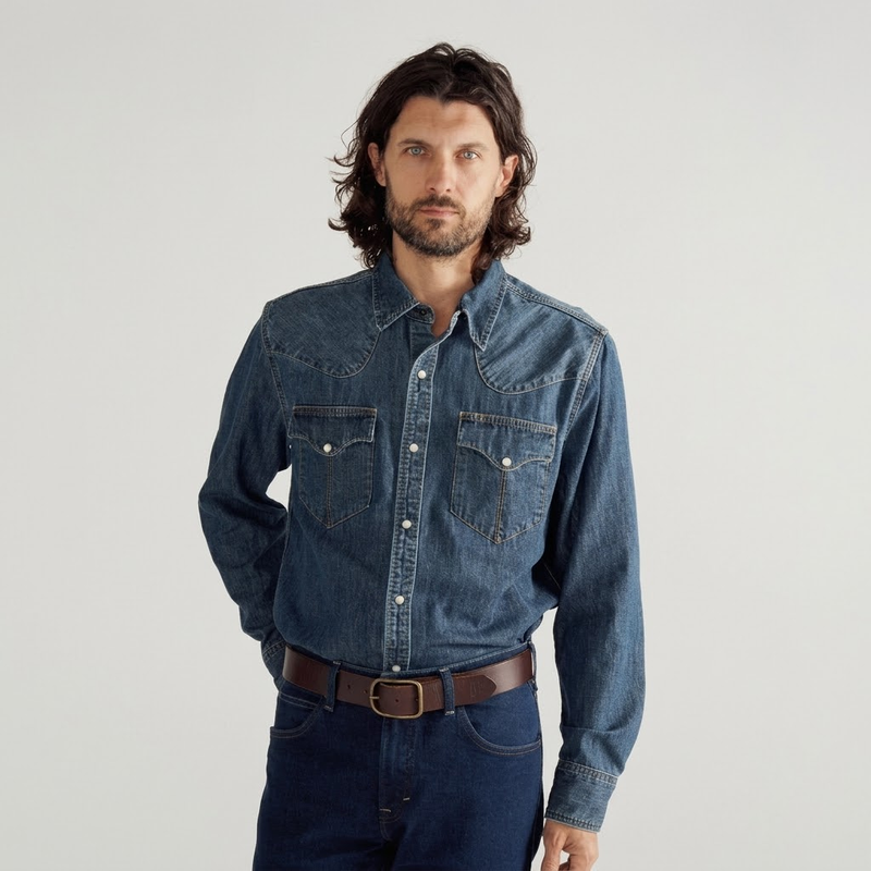 Branded Men's Denim Long Sleeve Pearl Snap Shirt, Dark Wash