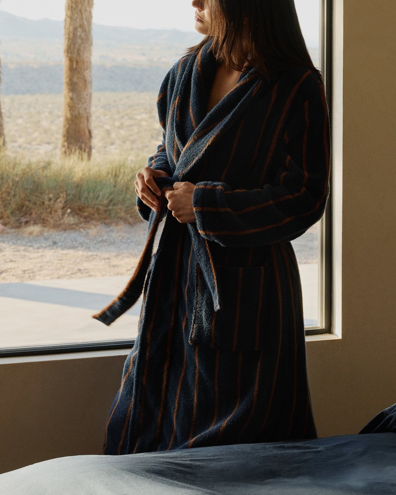 Turkish Cotton Stripe Robe, Ink with Tobacco