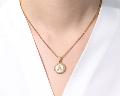 Mother of Pearl Disc Letter Necklace with Box Chain