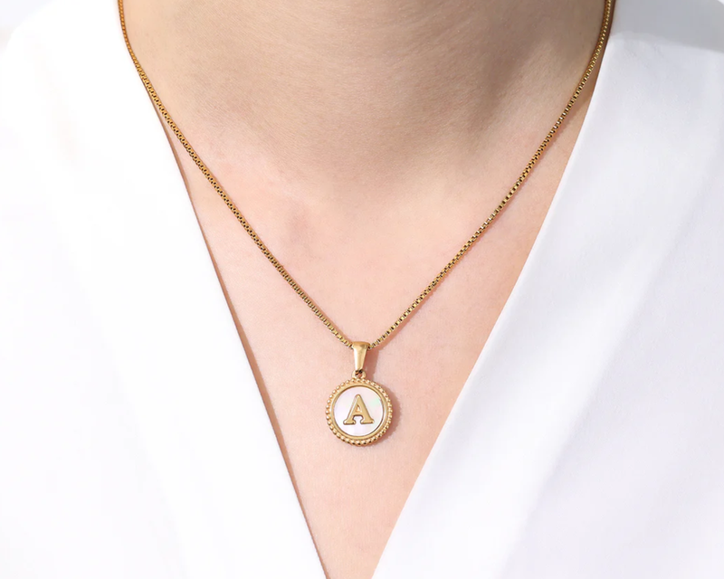 Mother of Pearl Disc Letter Necklace with Box Chain