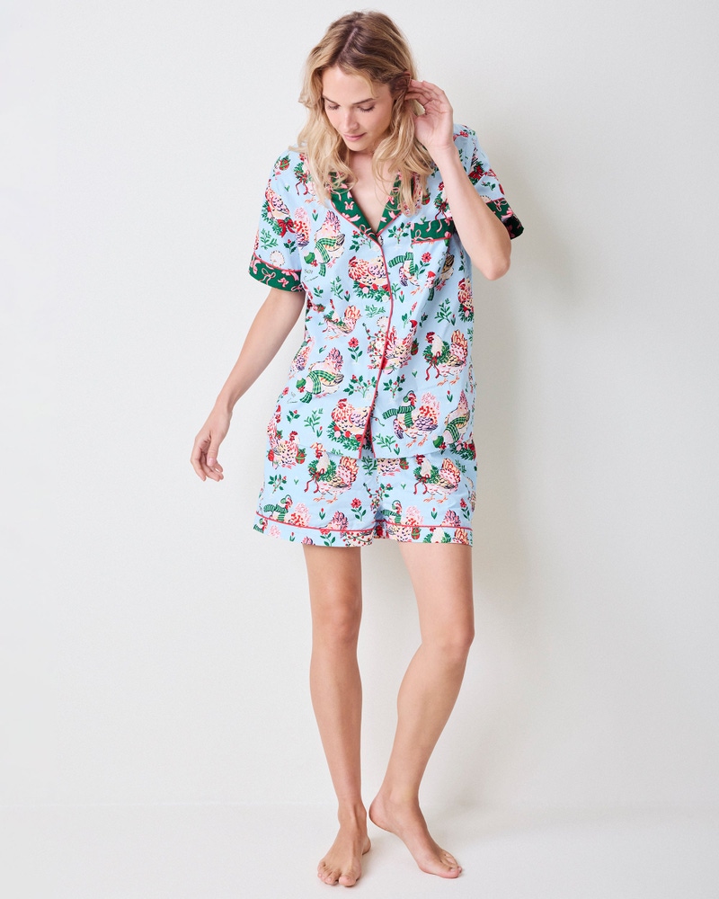 Short PJ Set in Holiday Hens, Pale Blue