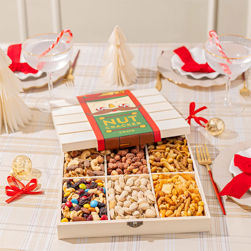 Nutcracker-Themed Wooden Crate with Gourmet Savory Snacks