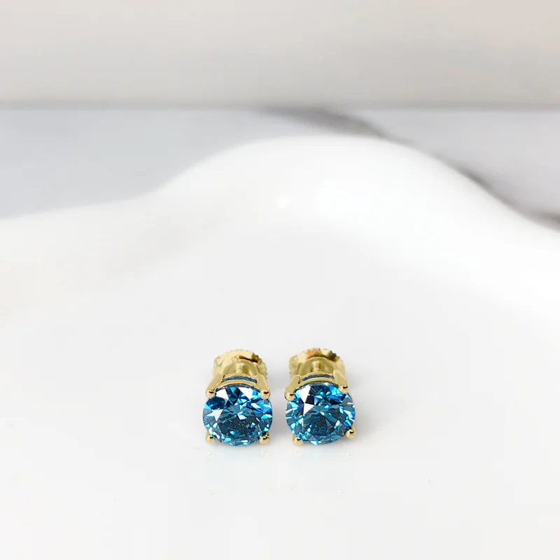 14K Gold Blue Lab Grown Diamond Stud Earrings with Screw Backs