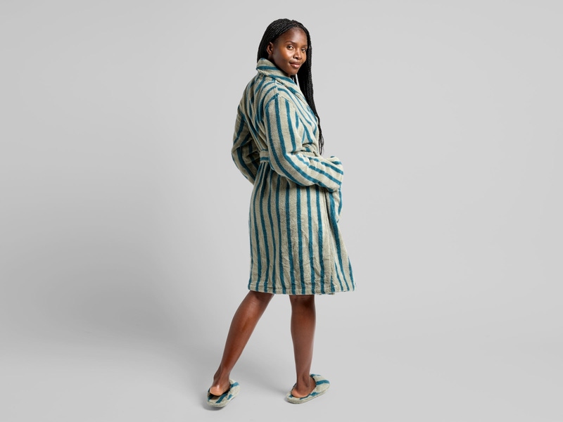 Terry Stripe Robe, Moss and Peacock