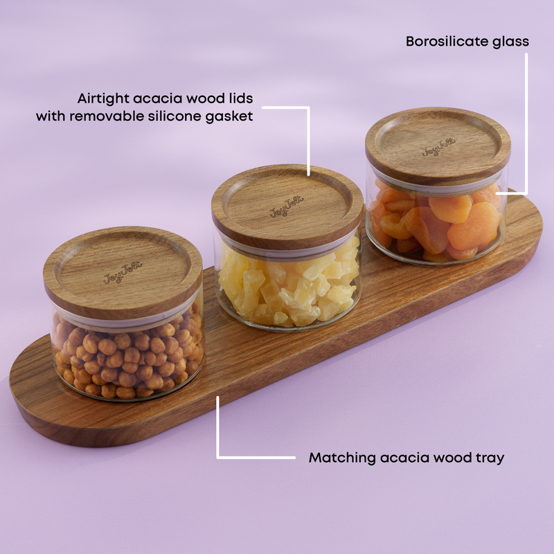 14oz Stackable Glass Storage Canister Set with Wood Lids and Tray