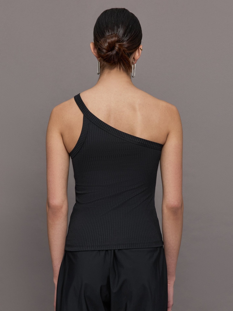 One Shoulder Tank in Ribbed Jersey, Black