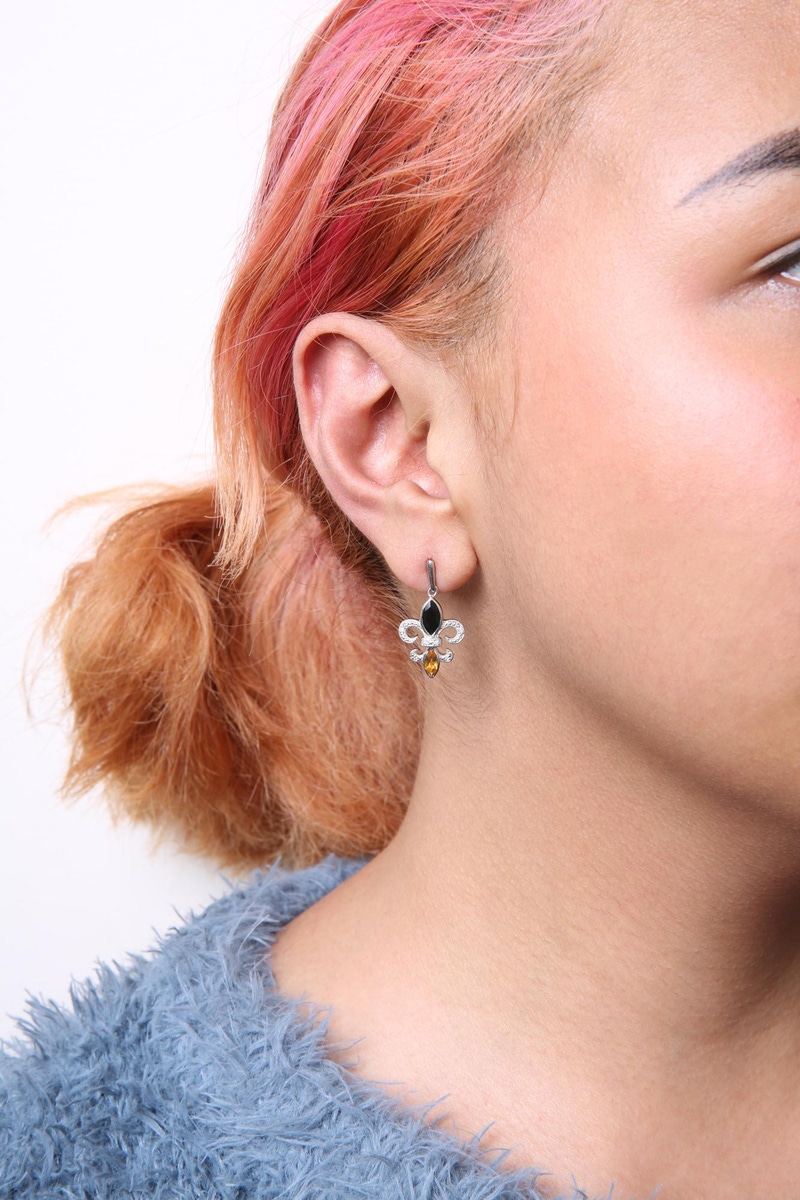 Sterling Silver Marquise Cut Onyx and Citrine with Diamond Accent Fleur De Lis Drop Stud Earrings