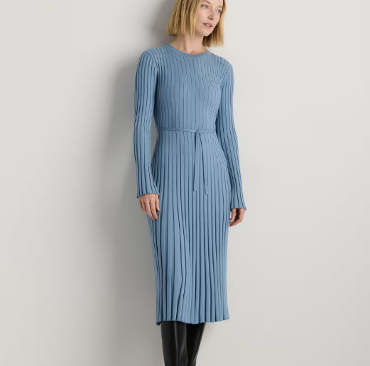 Cotton Cashmere Ribbed Long Sleeve Crew Midi Dress