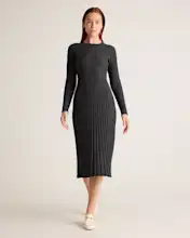 Cotton Cashmere Ribbed Long Sleeve Crew Midi Dress