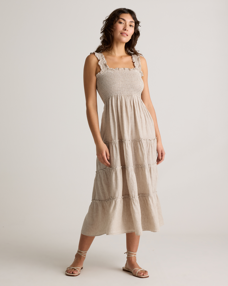 100% European Linen Smocked Midi Dress