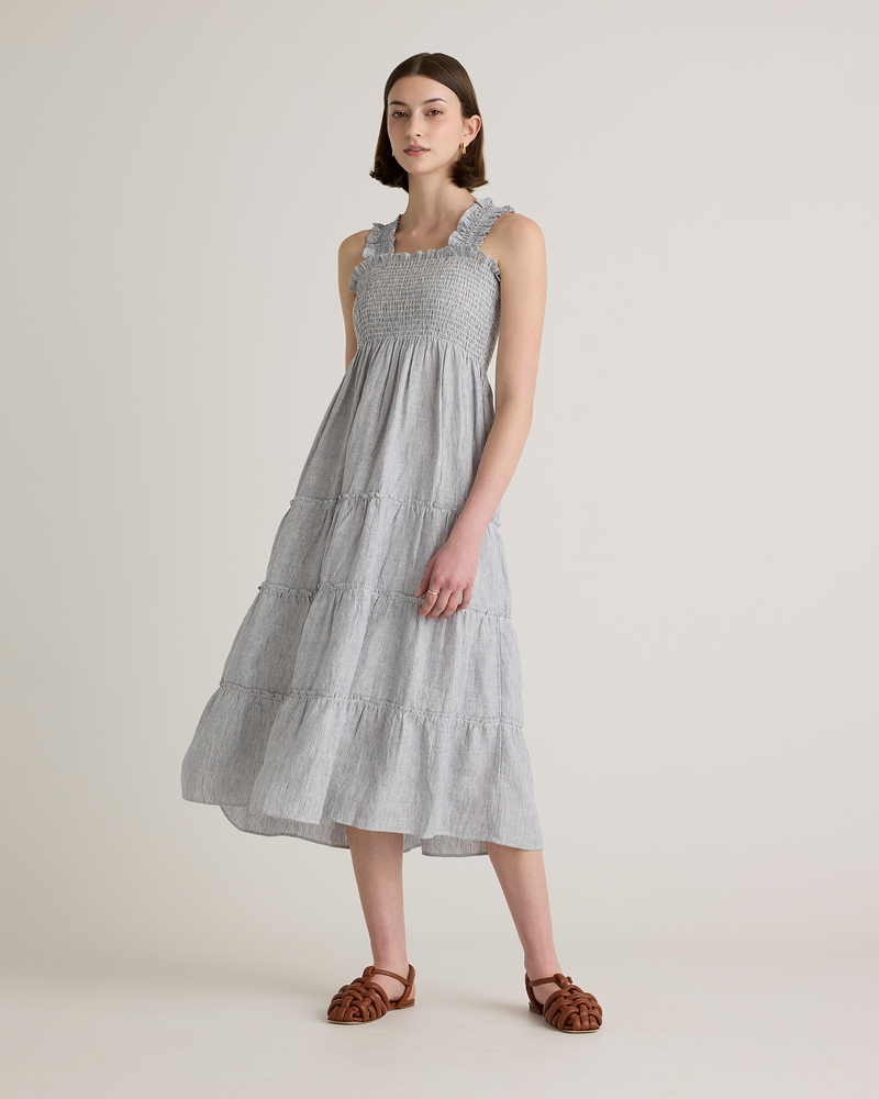 100% European Linen Smocked Midi Dress