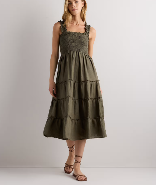 100% European Linen Smocked Midi Dress