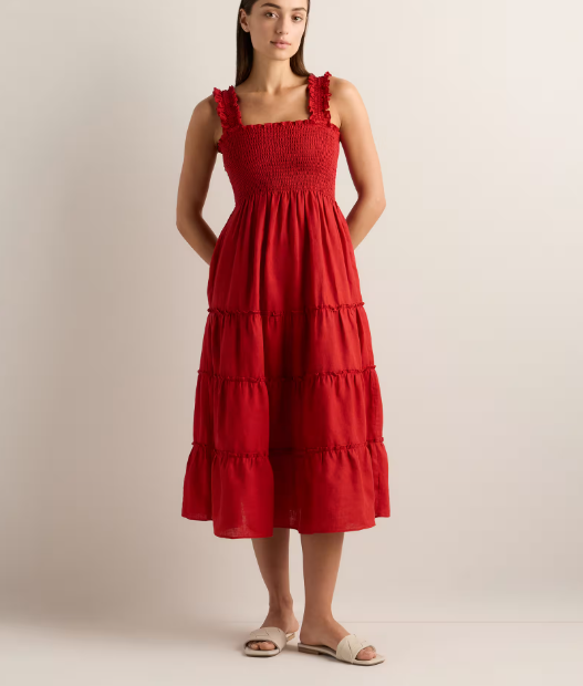 100% European Linen Smocked Midi Dress