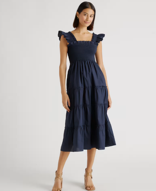 100% Organic Cotton Smocked Poplin Midi Dress