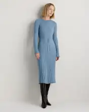 Cotton Cashmere Ribbed Long Sleeve Crew Midi Dress