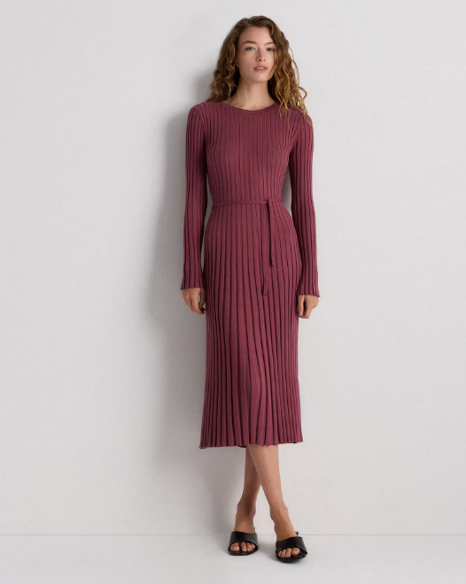 Cotton Cashmere Ribbed Long Sleeve Crew Midi Dress