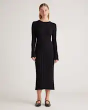 Cotton Cashmere Ribbed Long Sleeve Crew Midi Dress