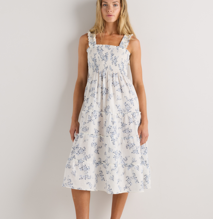 100% European Linen Smocked Midi Dress