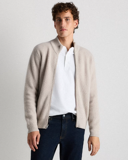 Mongolian Cashmere Fisherman Full-Zip Sweater