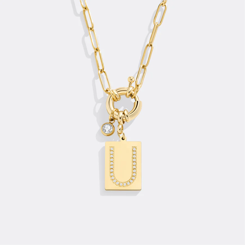 Pave Initial Pendant Necklace with Paperclip Chain