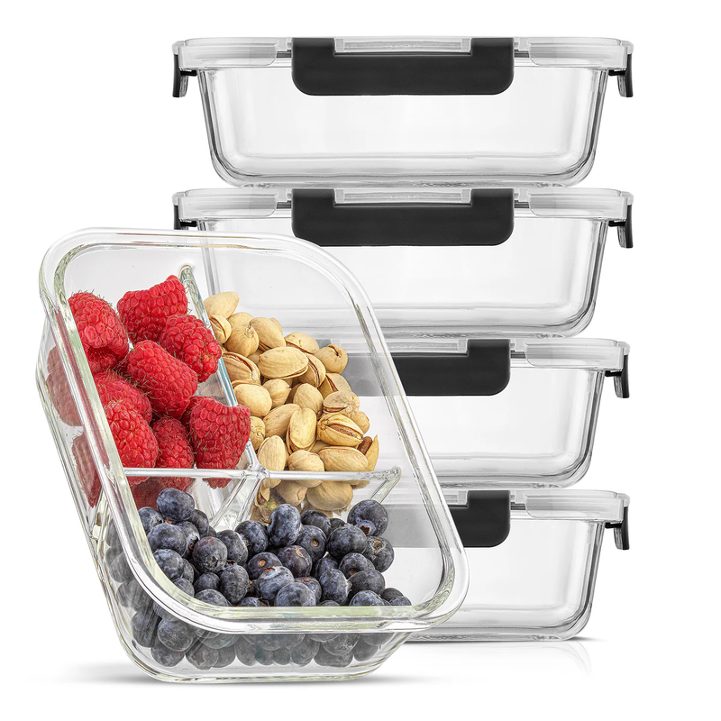 3-Section Meal Prep Storage Containers, Set of 5
