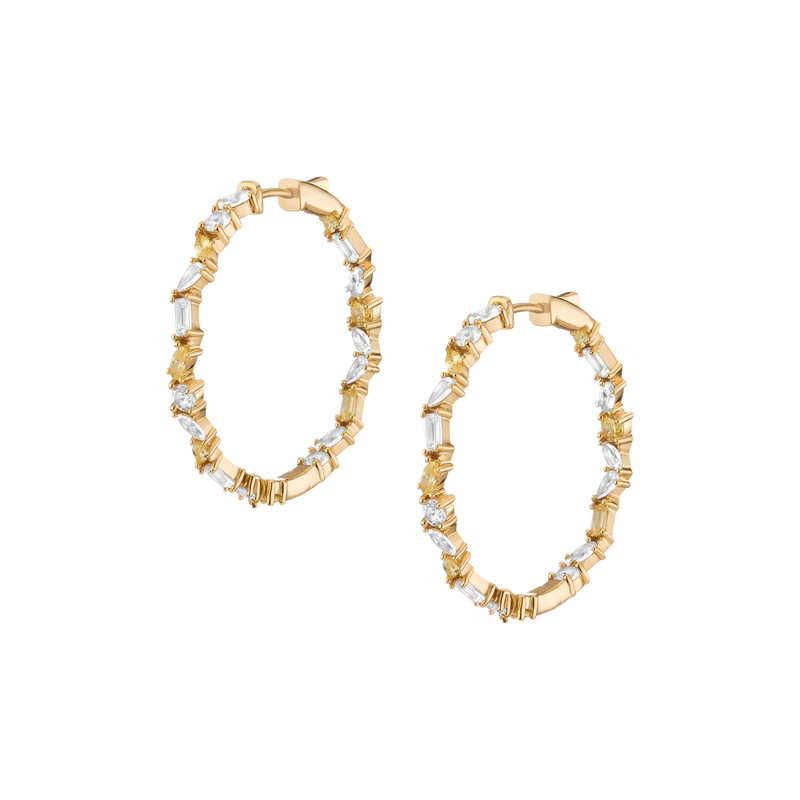 Lab Grown White Sapphire and Canary Mixed Shape Hoop Earrings